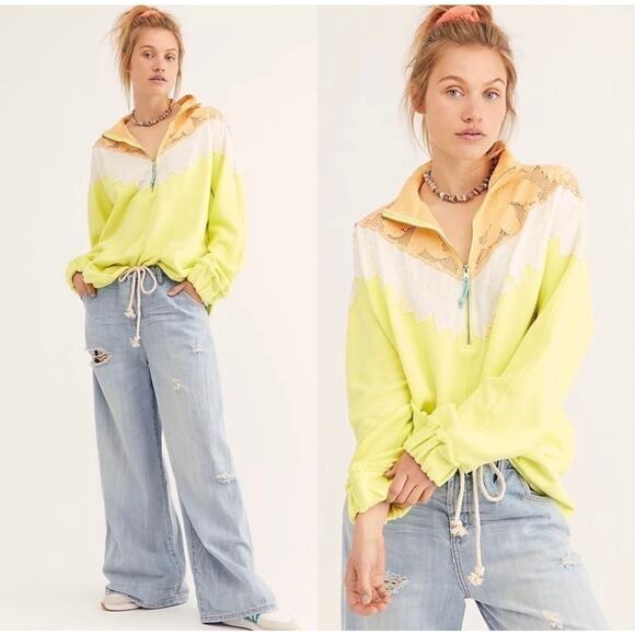 Free People Isla Crochet Quarter Zip Pullover Sweatshirt - Picture 2 of 7